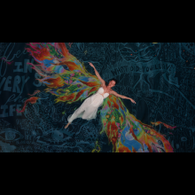 The image features a striking visual of a woman floating on water with vibrant, colorful wings. She floats atop water that is overlaid with intricate subconscious drawings, adding depth and a dream-like quality to the scene. The title "Fall of the Phoenix" is prominently displayed in bold gold letters, reflecting themes of rebirth and resilience.